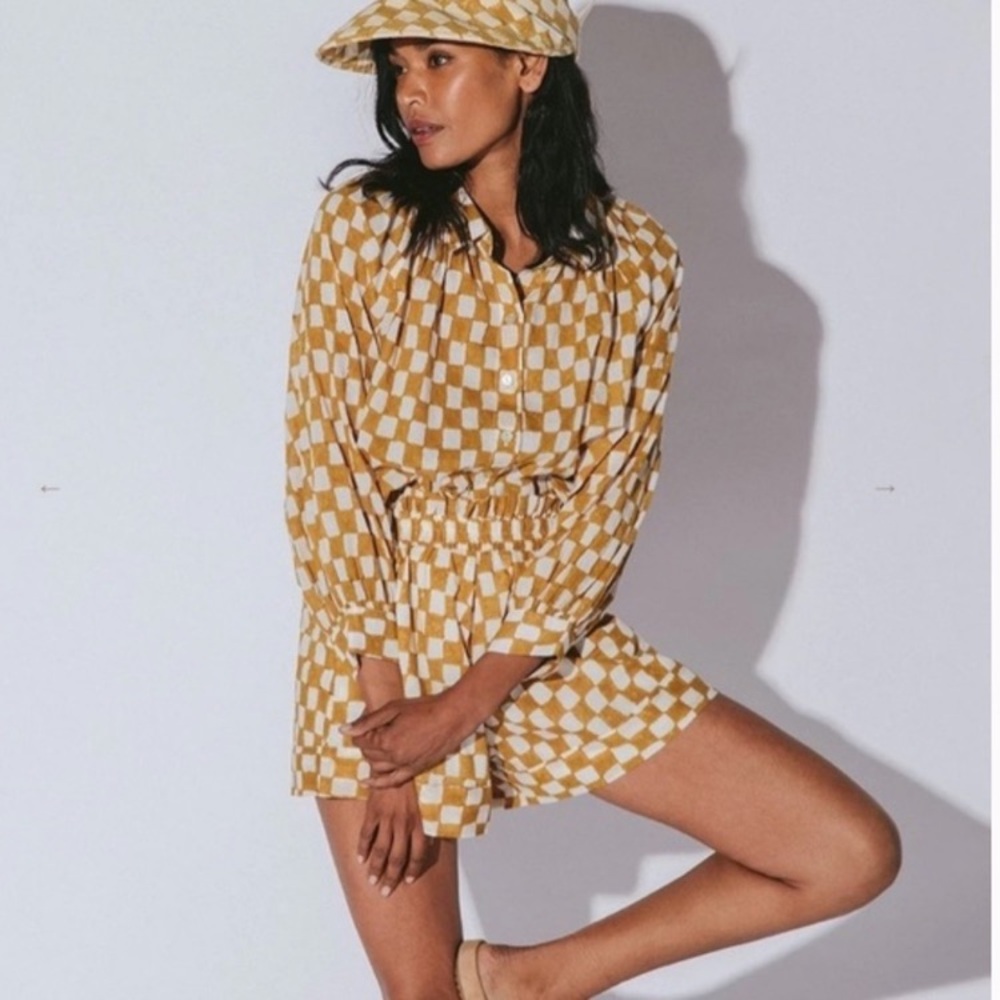 Cleobella-Checkered Yellow and White shorts set